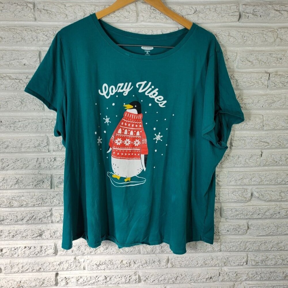 Old Navy EveryWear Womens 3X Tee Penguin Blue Green 100% Cotton NOV36E